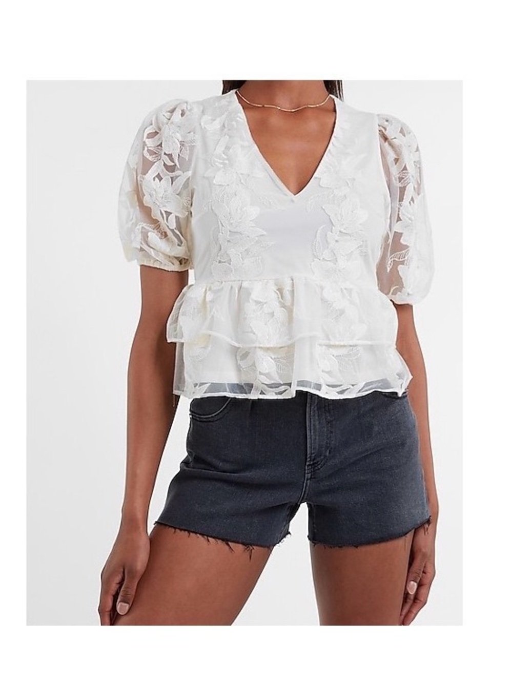 Express Ivory Floral Lace V-Neck Peplum Blouse